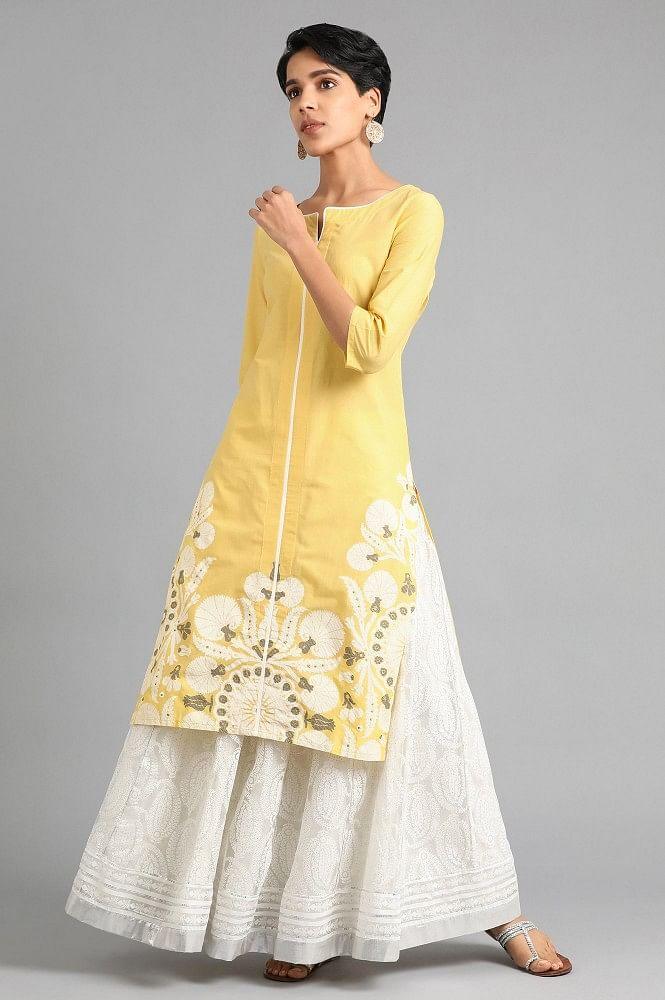 Yellow Round Neck Printed kurta - wforwoman