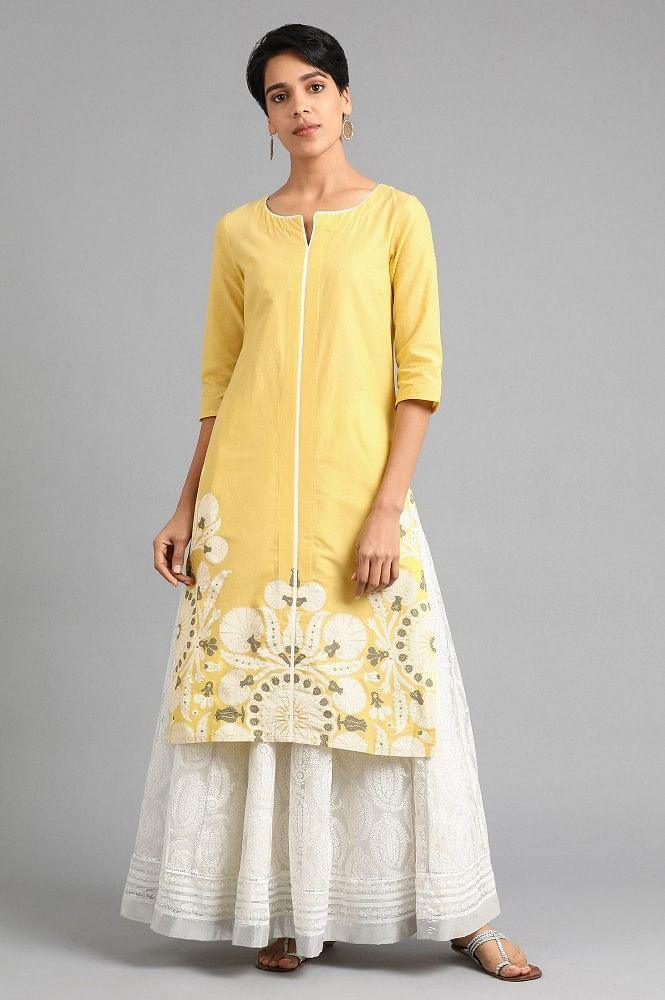 Yellow Round Neck Printed kurta - wforwoman
