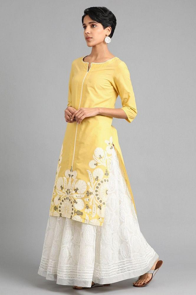 Yellow Round Neck Printed kurta - wforwoman
