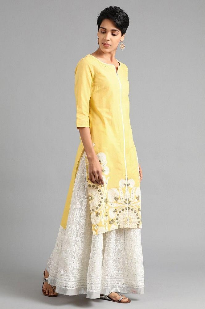 Yellow Round Neck Printed kurta - wforwoman