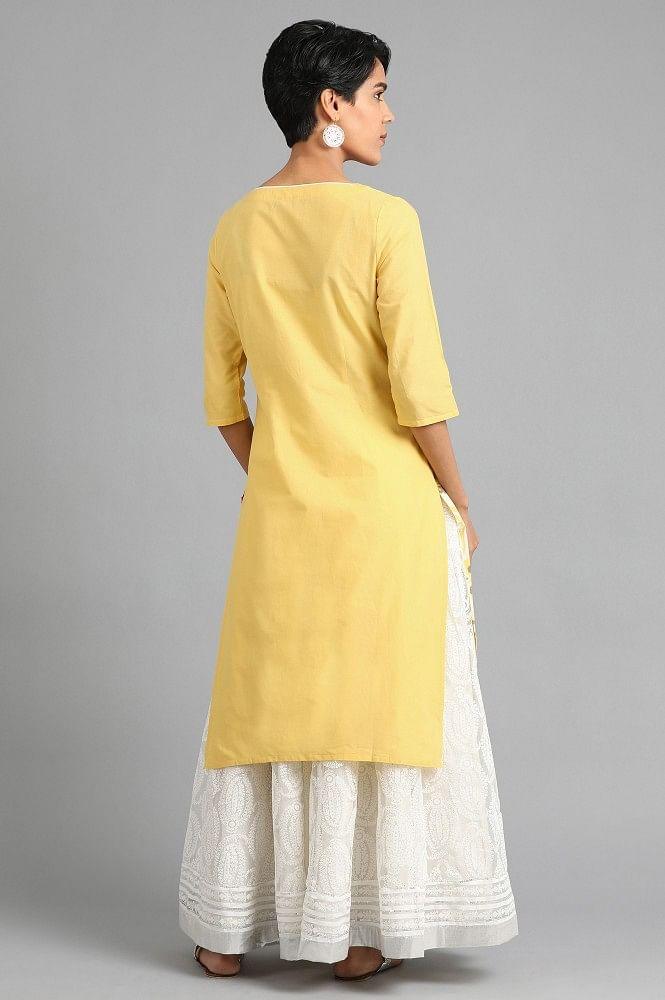 Yellow Round Neck Printed kurta - wforwoman
