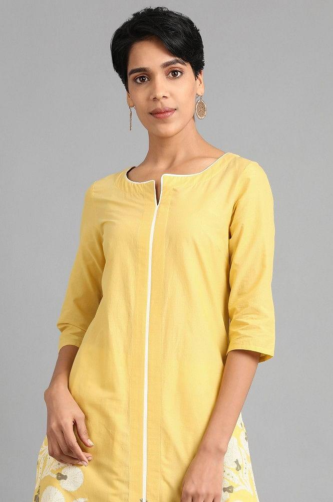 Yellow Round Neck Printed kurta - wforwoman