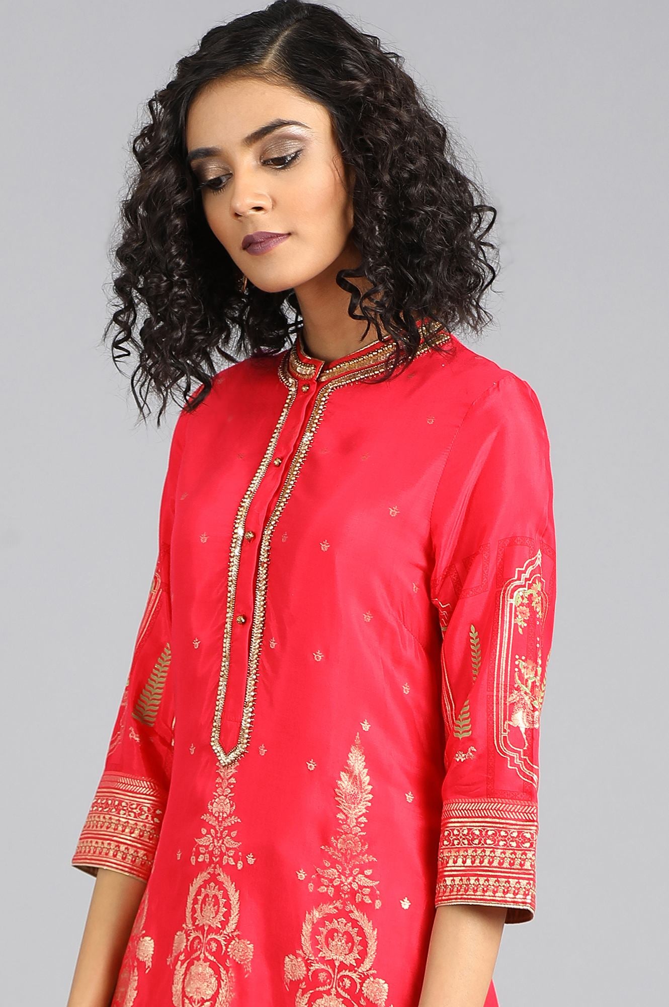 Pink Mandarin Neck Printed kurta