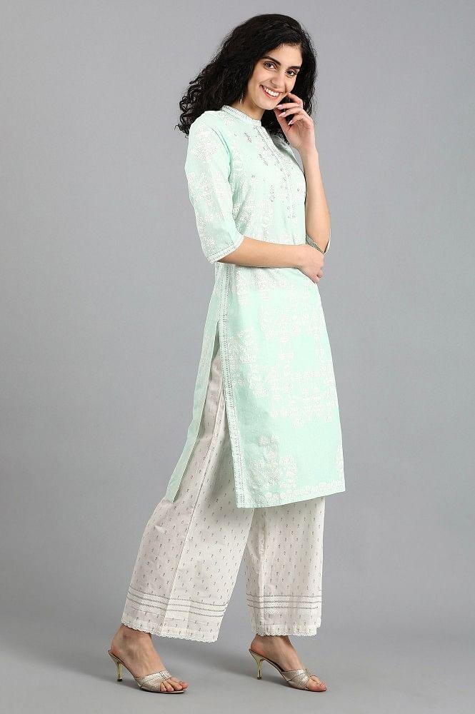Blue Mandarin Neck Printed kurta - wforwoman