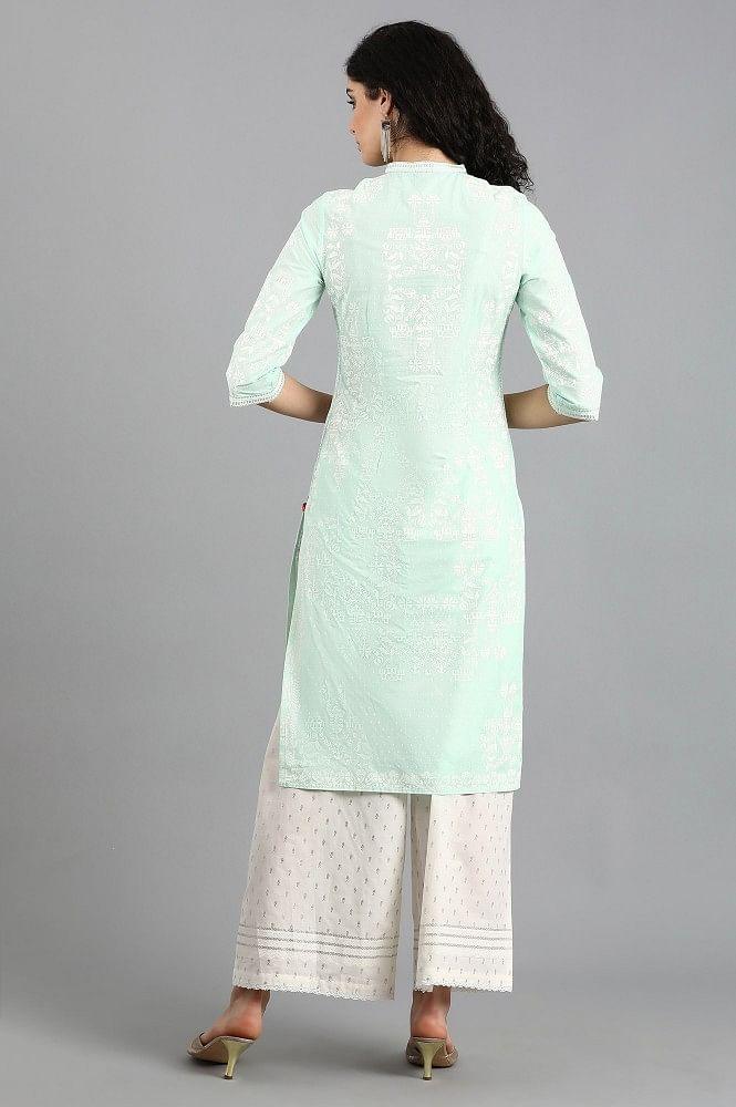 Blue Mandarin Neck Printed kurta - wforwoman
