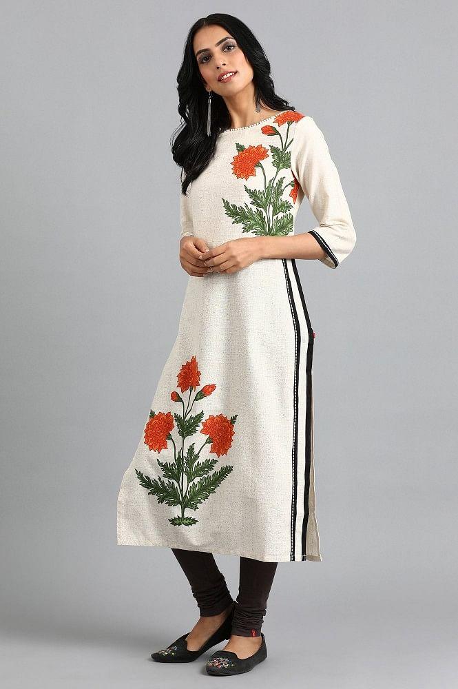 Beige Round Neck Printed kurta - wforwoman