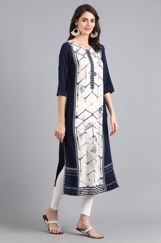 White Round Neck Printed kurta - wforwoman