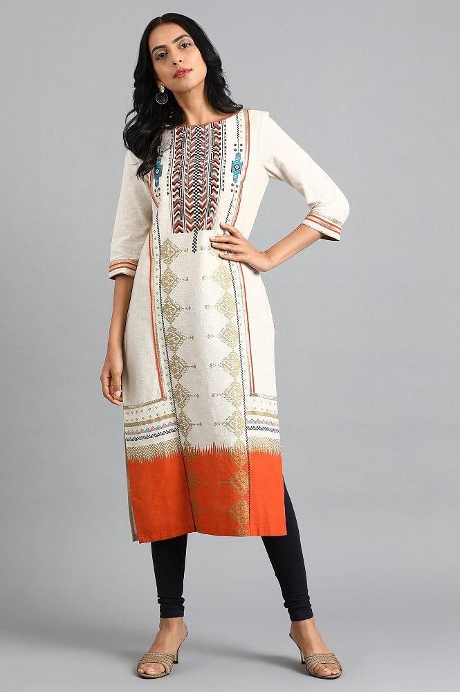 Off-White Round Neck Printed kurta - wforwoman