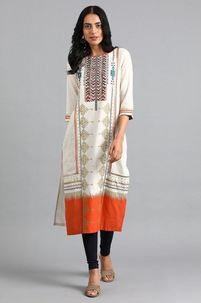 Off-White Round Neck Printed kurta - wforwoman