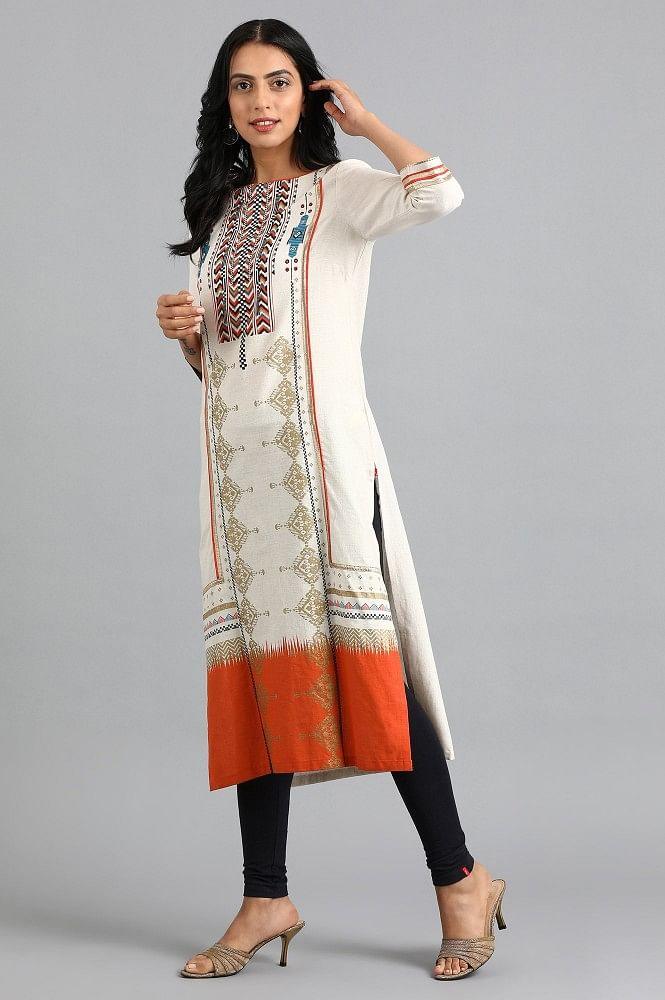 Off-White Round Neck Printed kurta - wforwoman