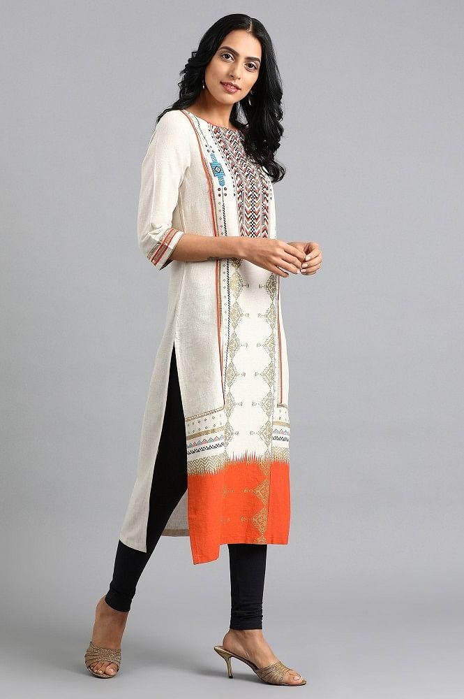 Off-White Round Neck Printed kurta - wforwoman