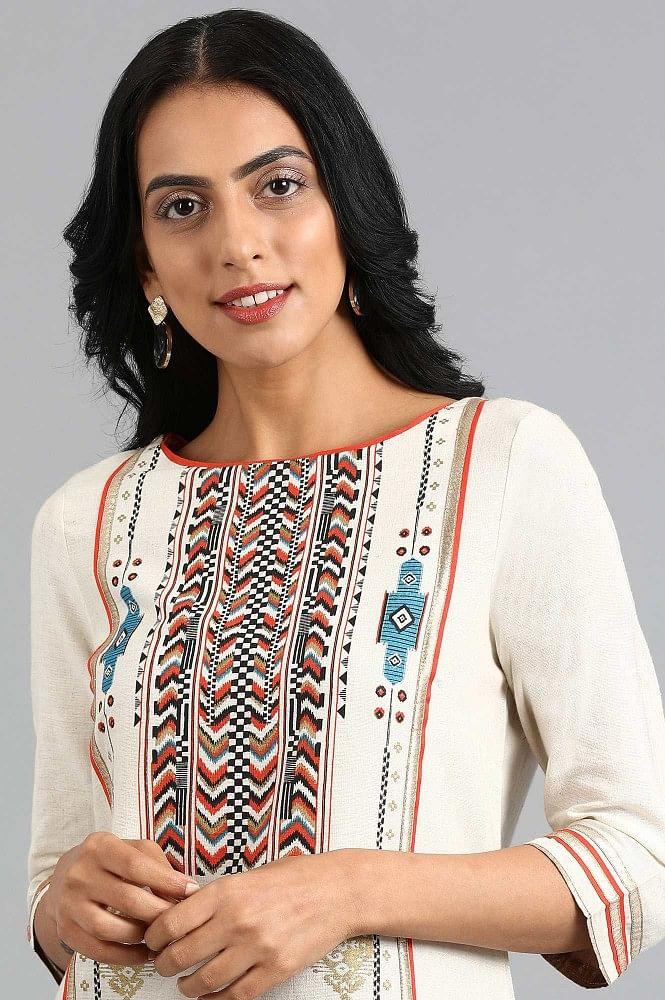 Off-White Round Neck Printed kurta - wforwoman