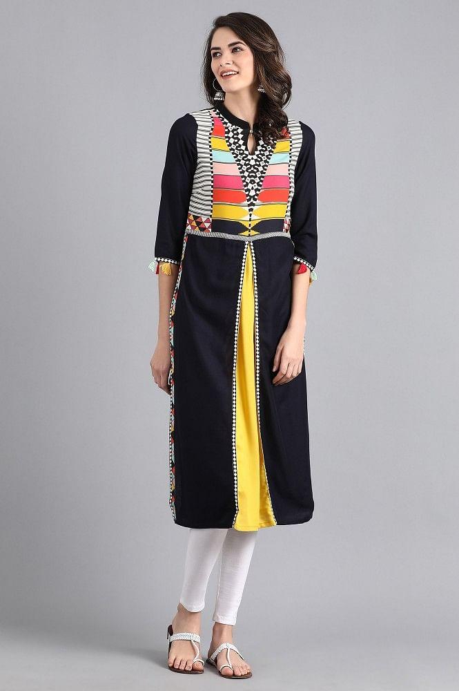 Blue Mandarin Neck Solid kurta - wforwoman