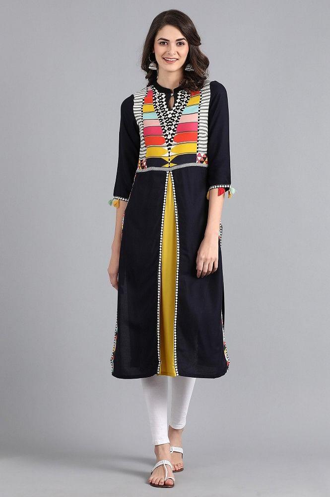Blue Mandarin Neck Solid kurta - wforwoman