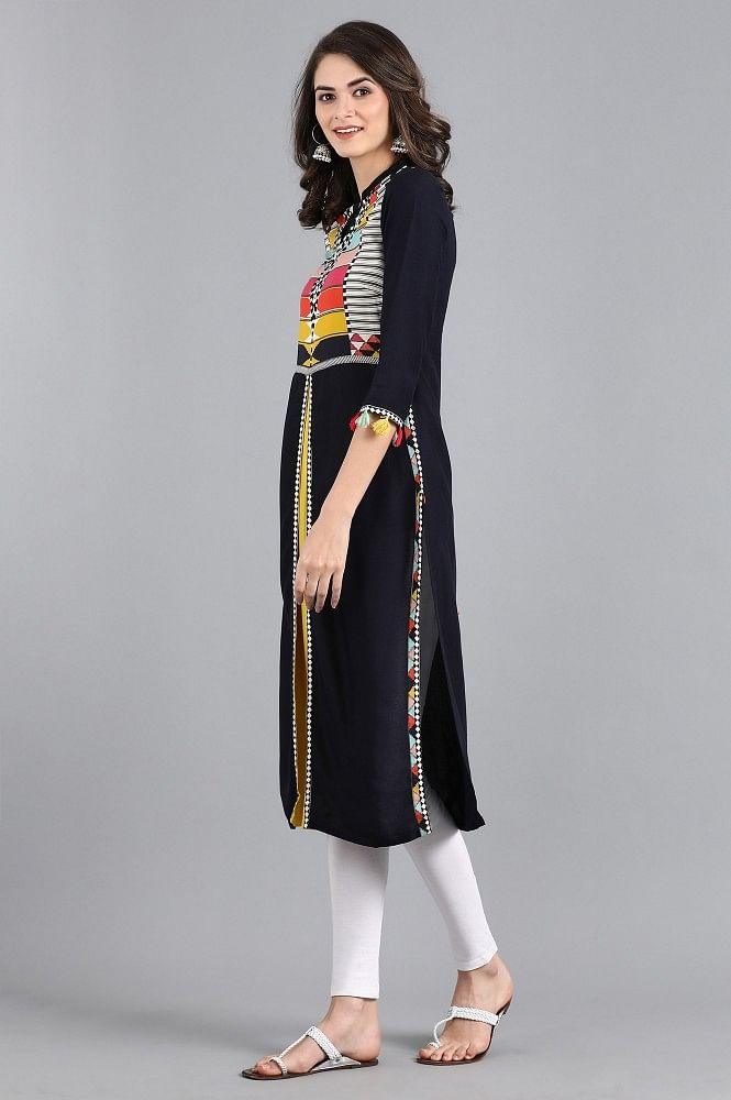 Blue Mandarin Neck Solid kurta - wforwoman