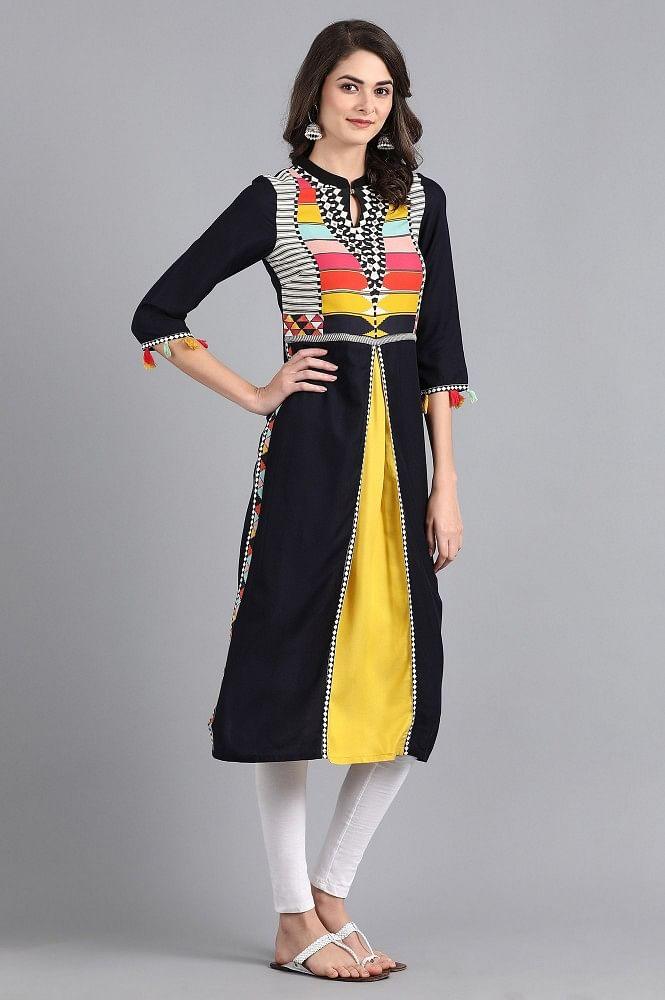 Blue Mandarin Neck Solid kurta - wforwoman