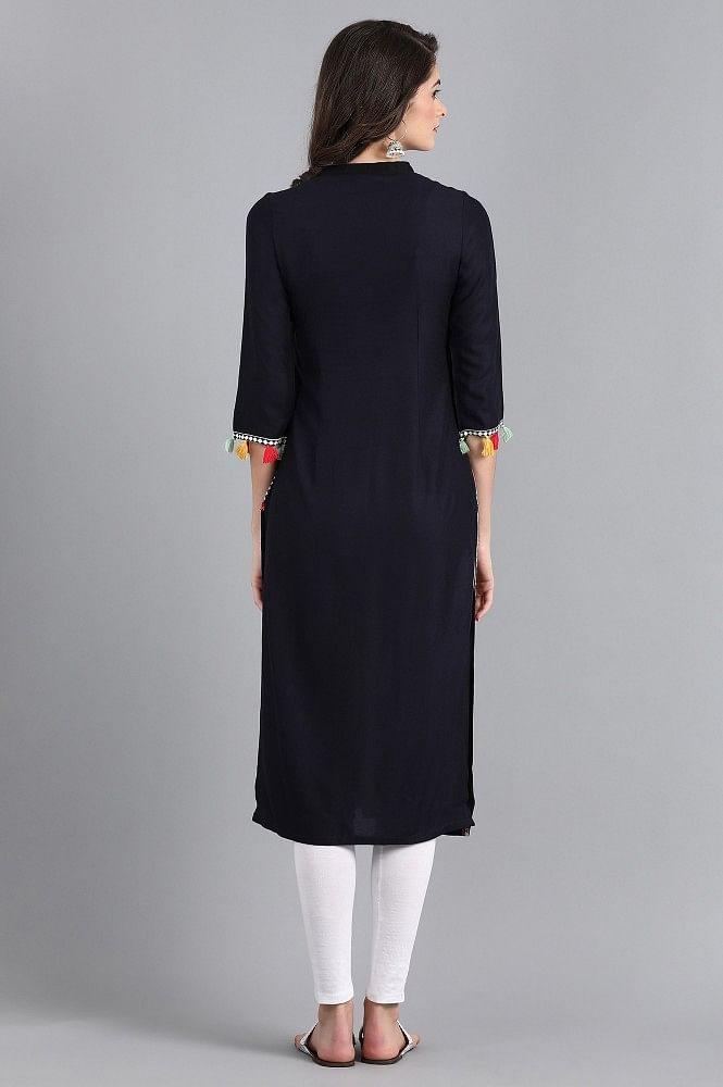 Blue Mandarin Neck Solid kurta - wforwoman