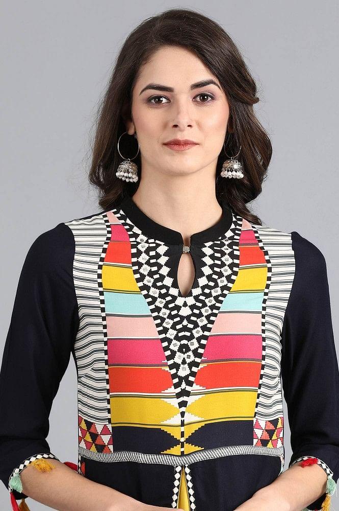 Blue Mandarin Neck Solid kurta - wforwoman