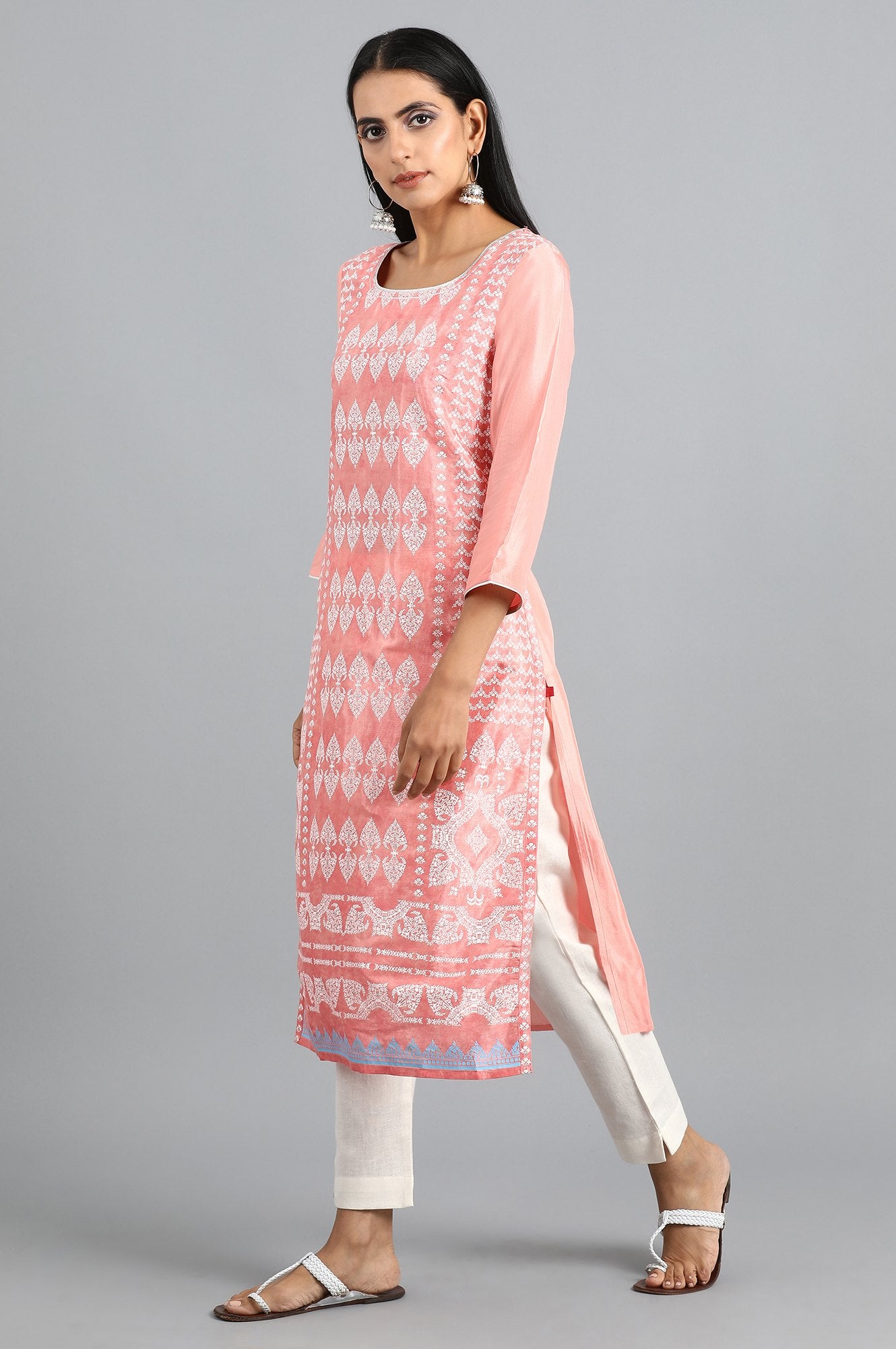 Pink Round Neck Printed kurta