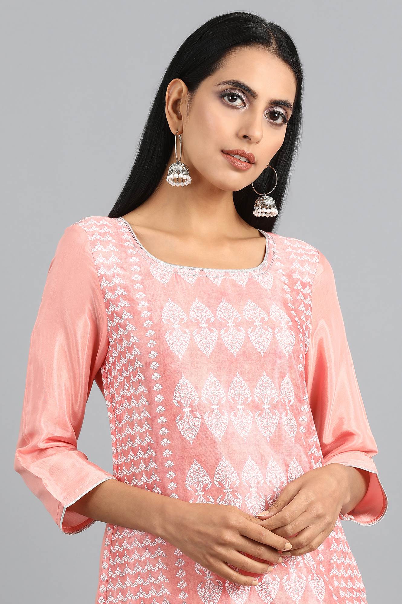Pink Round Neck Printed kurta