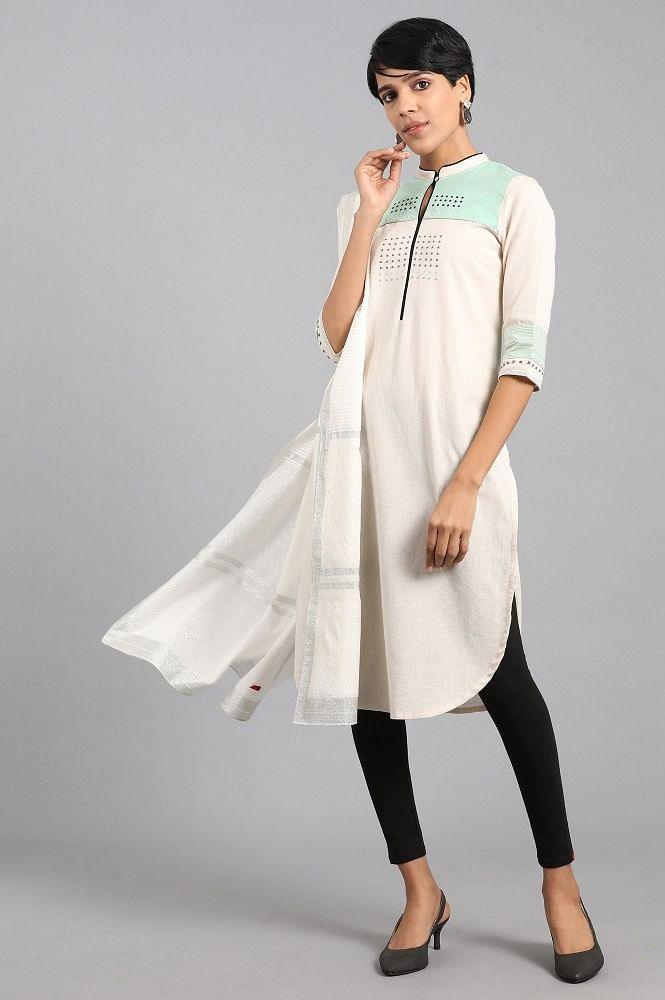 Off-White Mandarin Neck Printed kurta - wforwoman