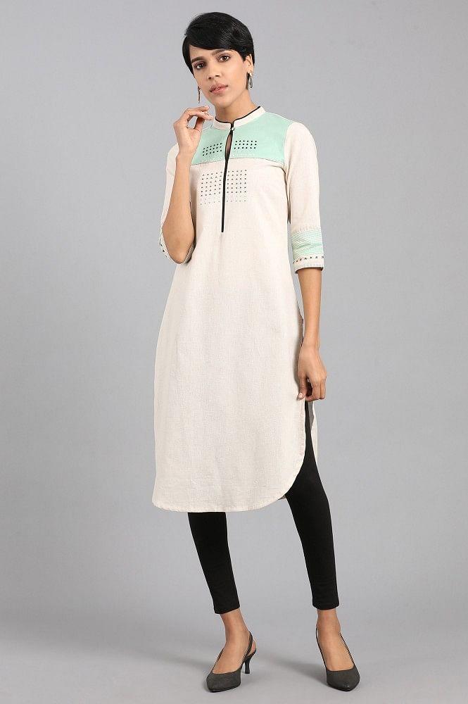 Off-White Mandarin Neck Printed kurta - wforwoman