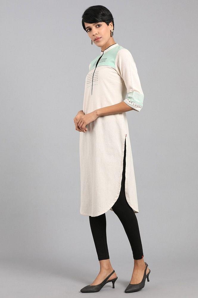 Off-White Mandarin Neck Printed kurta - wforwoman