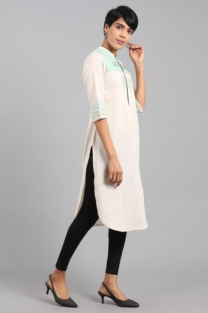 Off-White Mandarin Neck Printed kurta - wforwoman