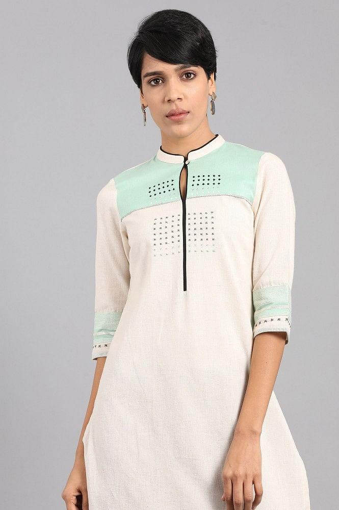 Off-White Mandarin Neck Printed kurta - wforwoman