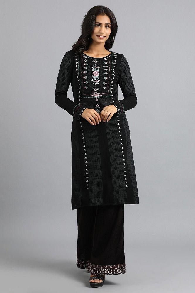 Black Round Neck Winter kurta - wforwoman