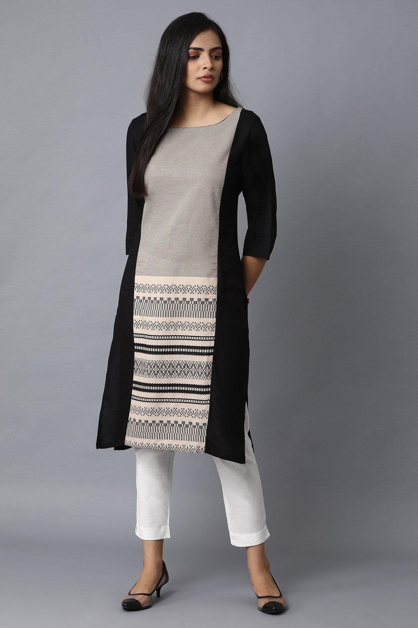 Black Rayon kurta with Centre Dobby Panel - wforwoman