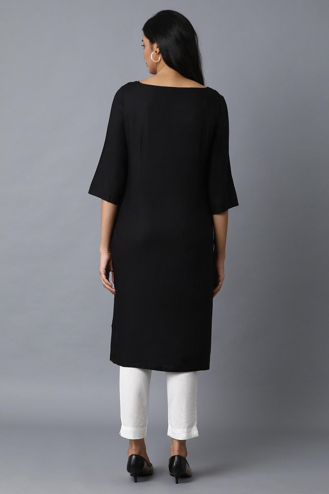 Black Rayon kurta with Centre Dobby Panel - wforwoman