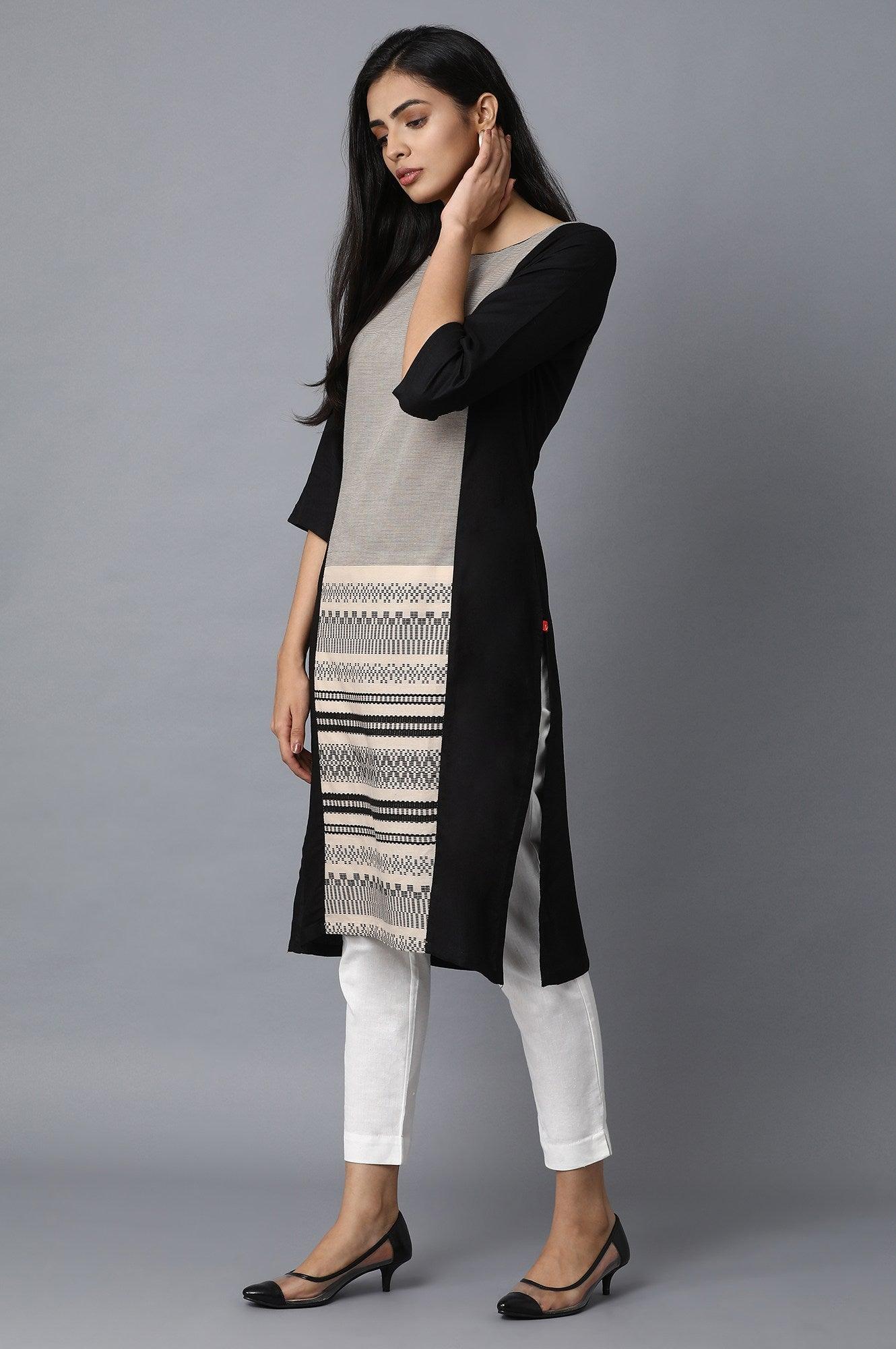 Black Rayon kurta with Centre Dobby Panel - wforwoman