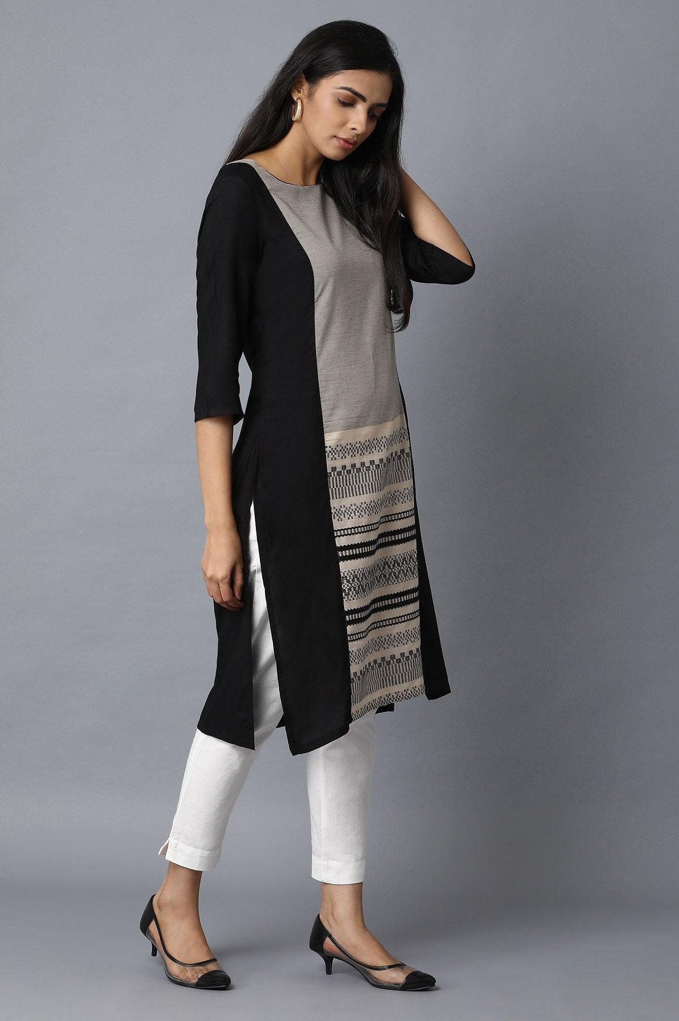 Black Rayon kurta with Centre Dobby Panel - wforwoman