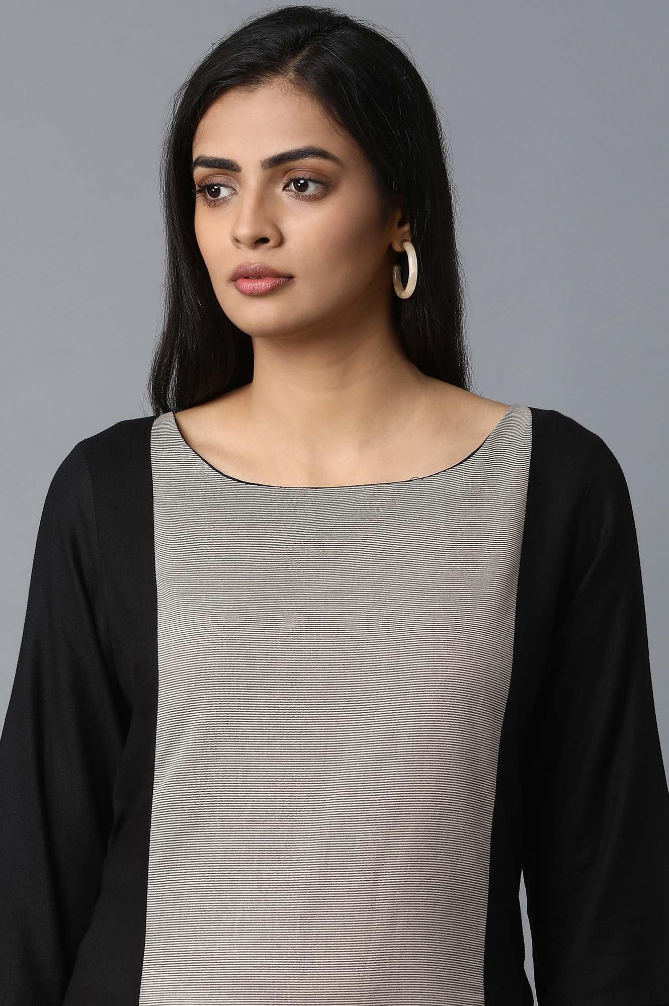 Black Rayon kurta with Centre Dobby Panel - wforwoman