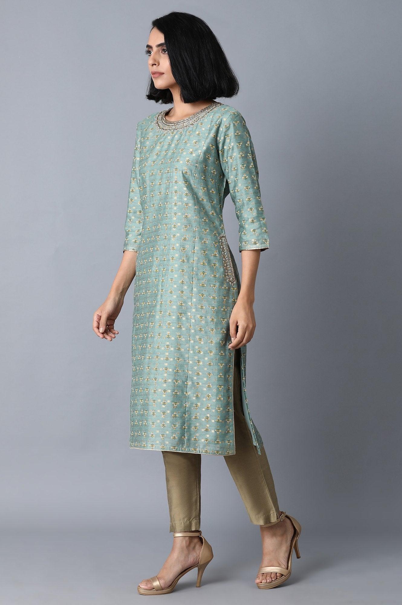 Mint Green Jacquard kurta - wforwoman