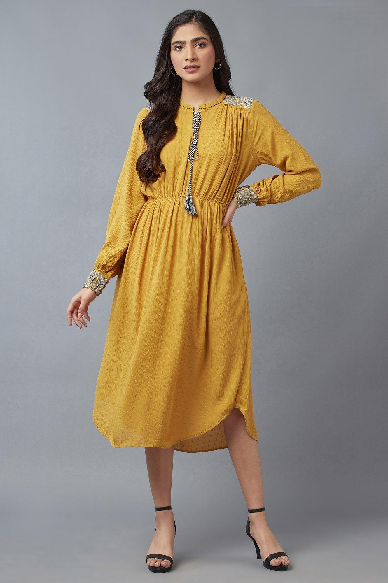 Buy Mustard A-Line Dress With Tassle Tie-Up 2799 W for woman