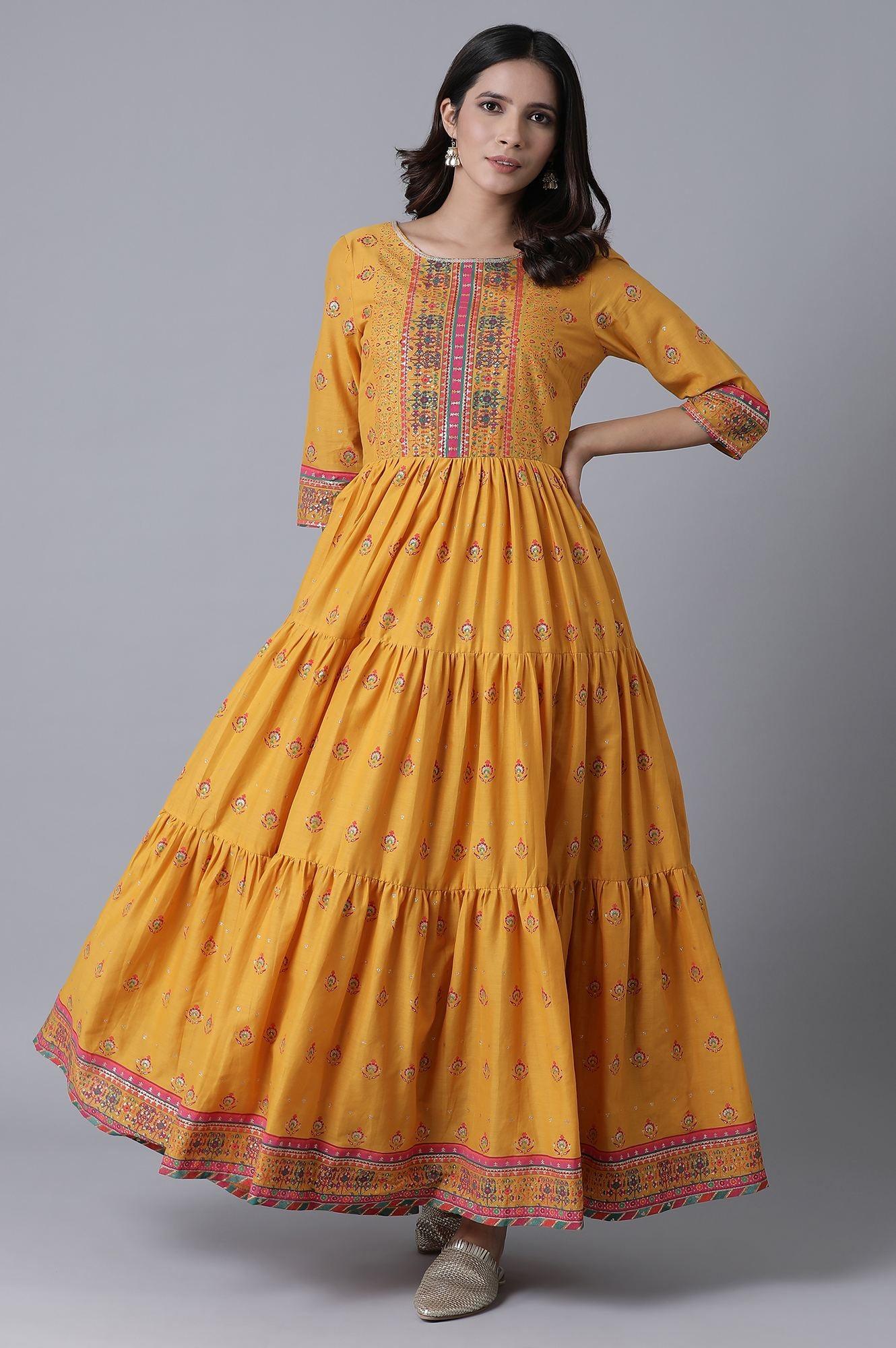 Yellow Printed Tiered Dress - wforwoman