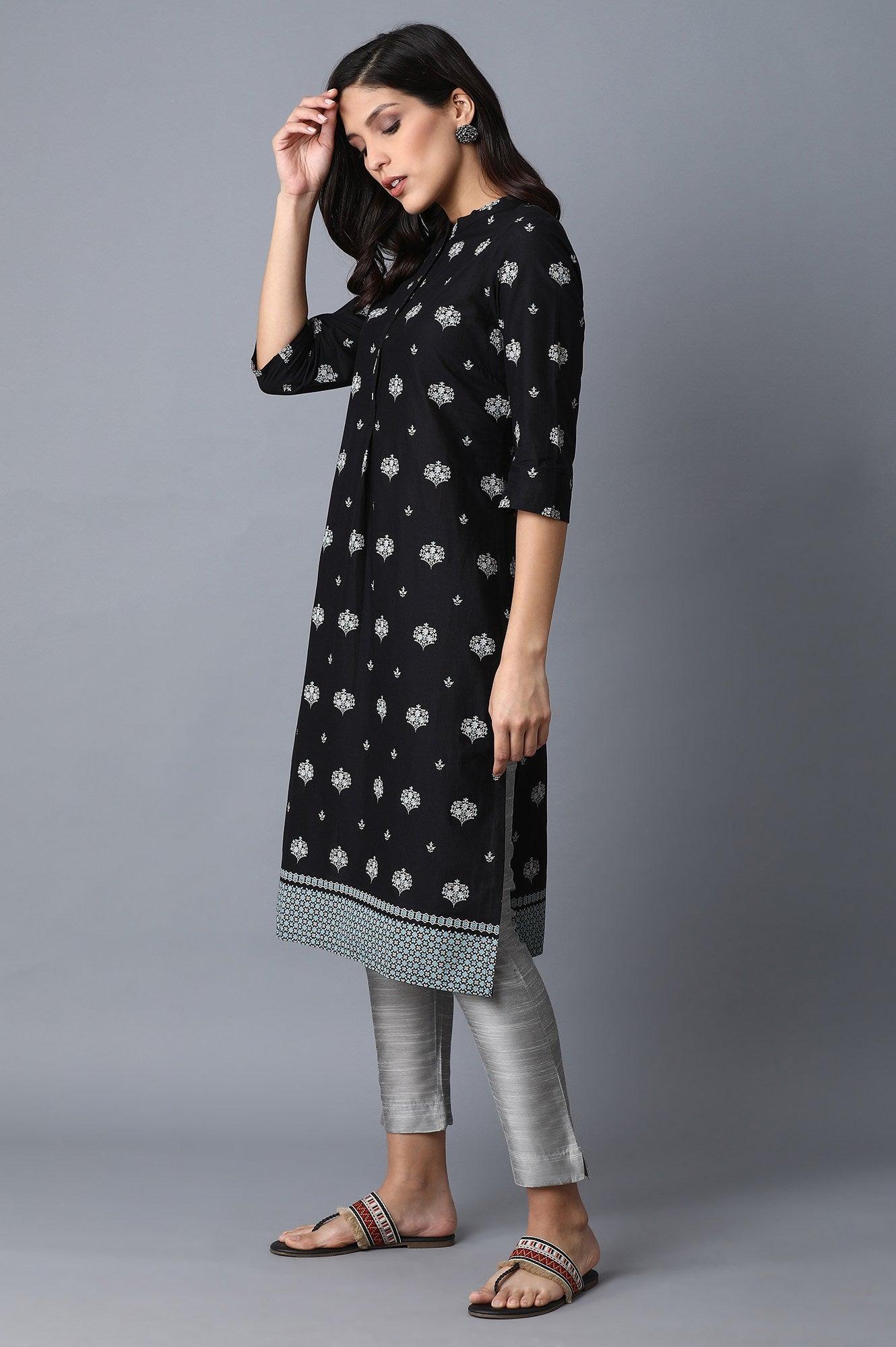 Black Printed Straight kurta - wforwoman