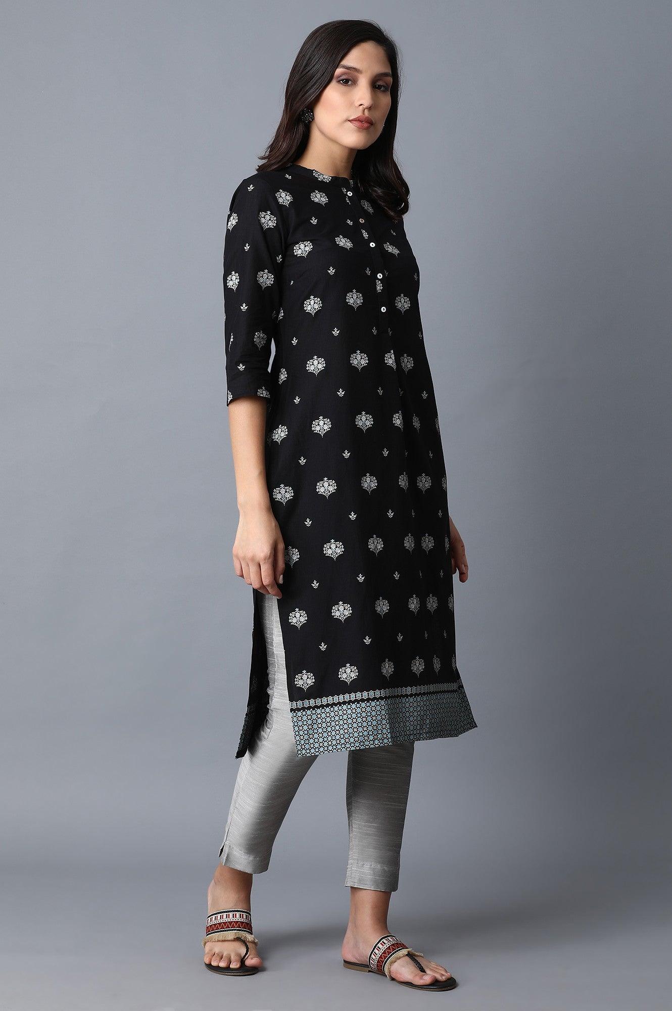 Black Printed Straight kurta - wforwoman
