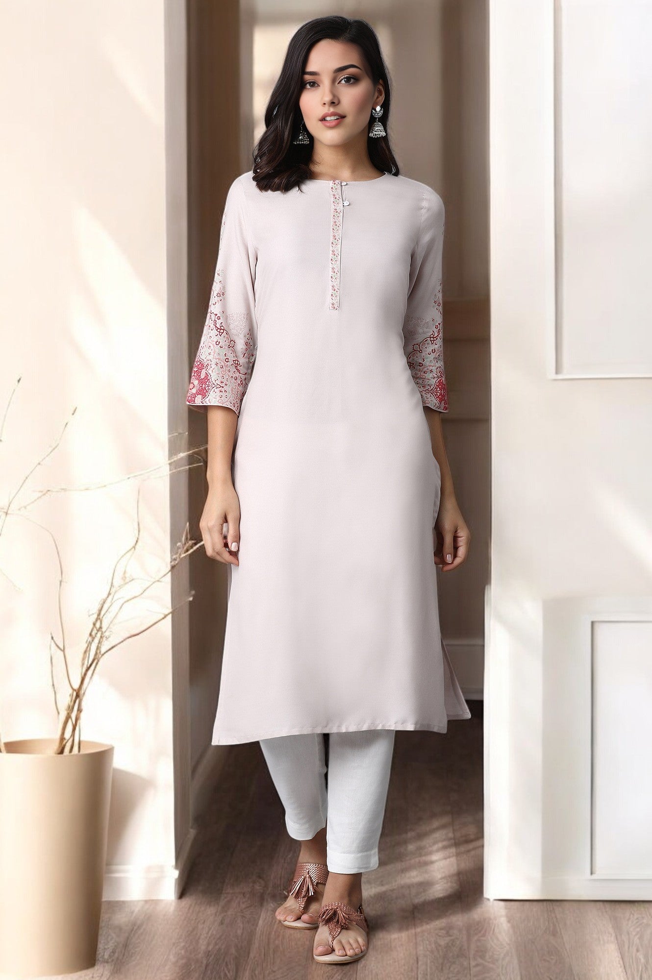 Light Pink Rayon Straight Kurta with Floral Printed Sleeves