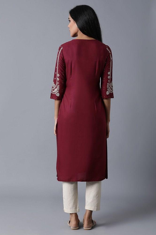 Maroon kurta With Printed Sleeves - wforwoman