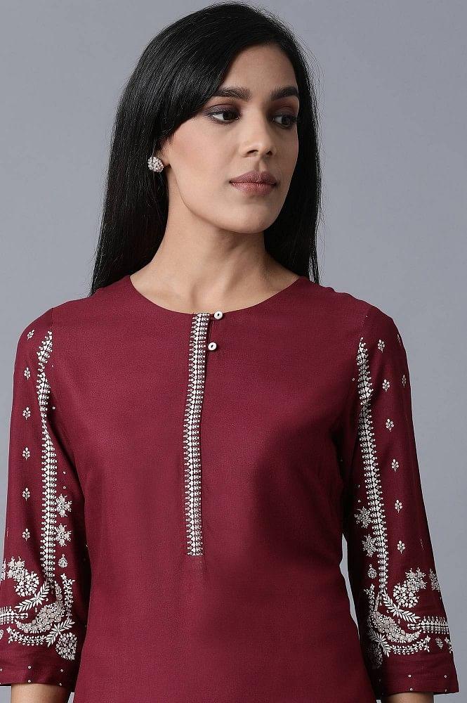 Maroon kurta With Printed Sleeves - wforwoman