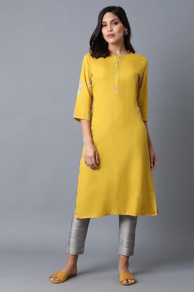 Yellow kurta With Printed Yoke - wforwoman