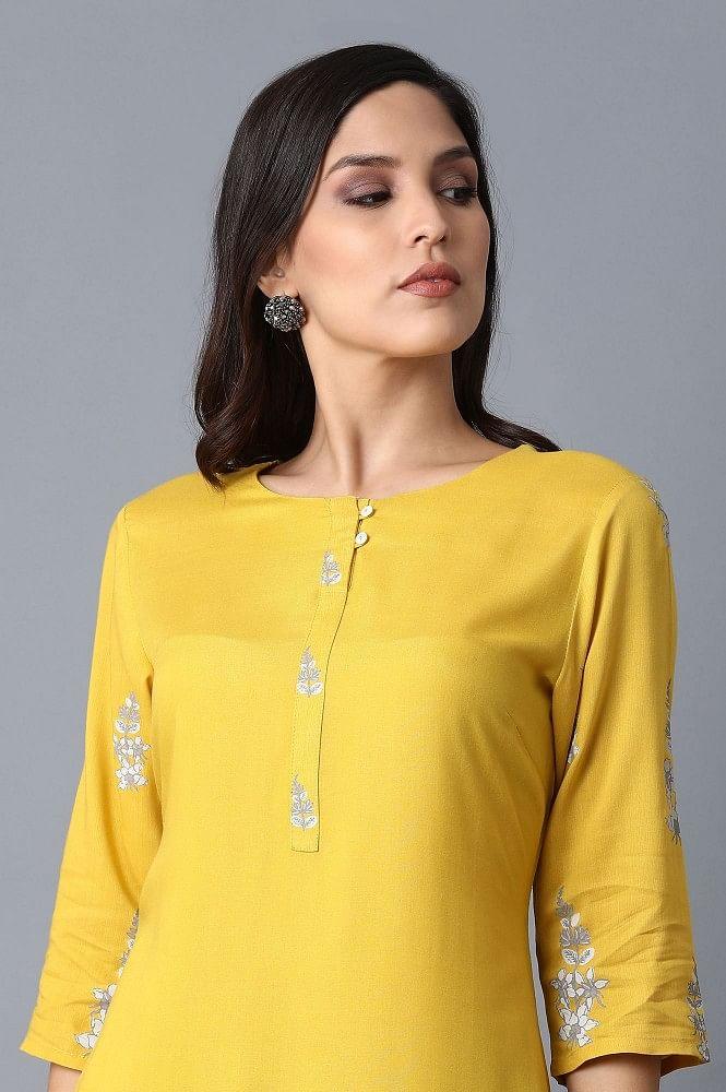 Yellow kurta With Printed Yoke - wforwoman