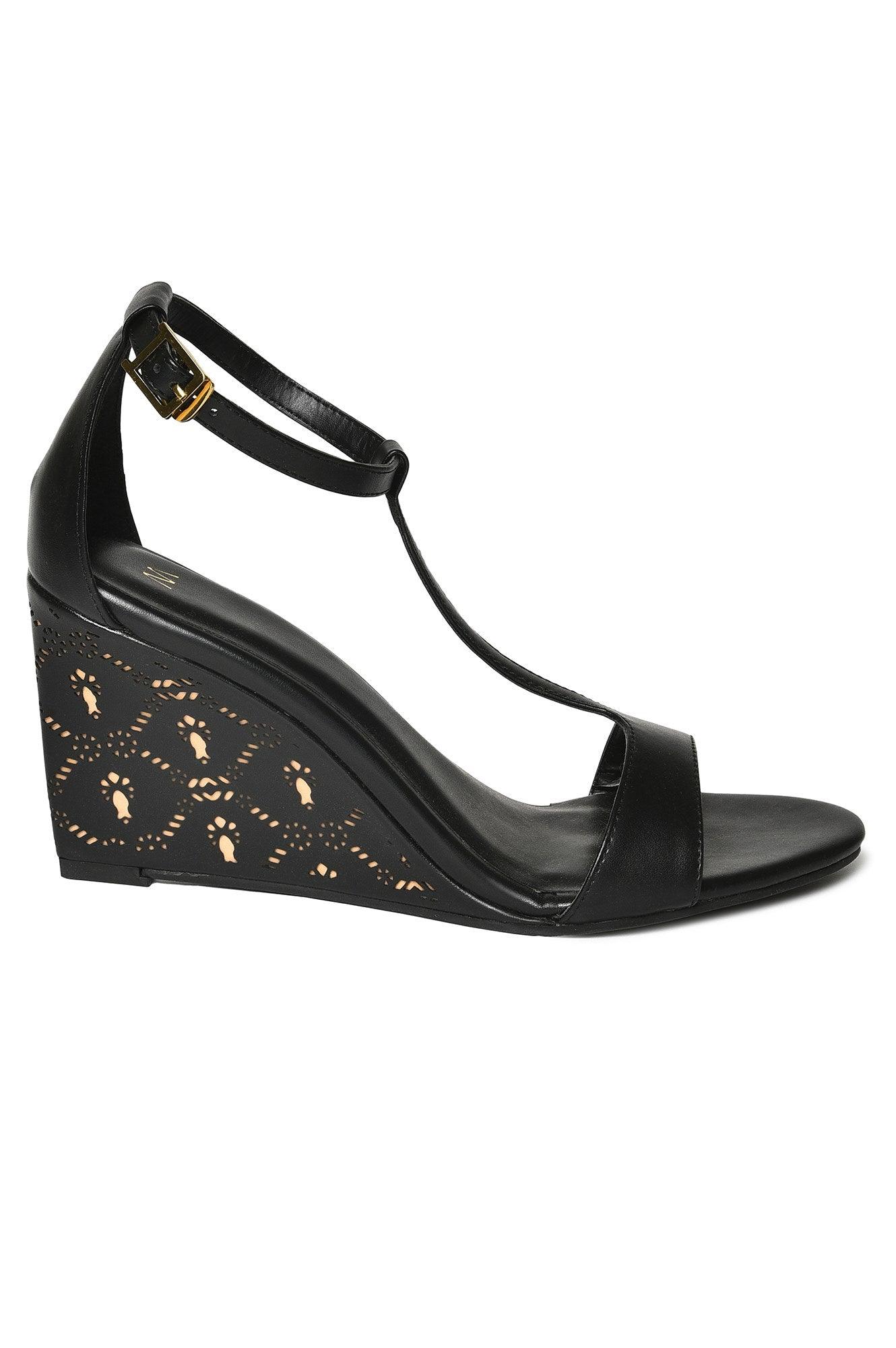 Black Almond Toe Laser Cut Wedge-Wgracie - wforwoman