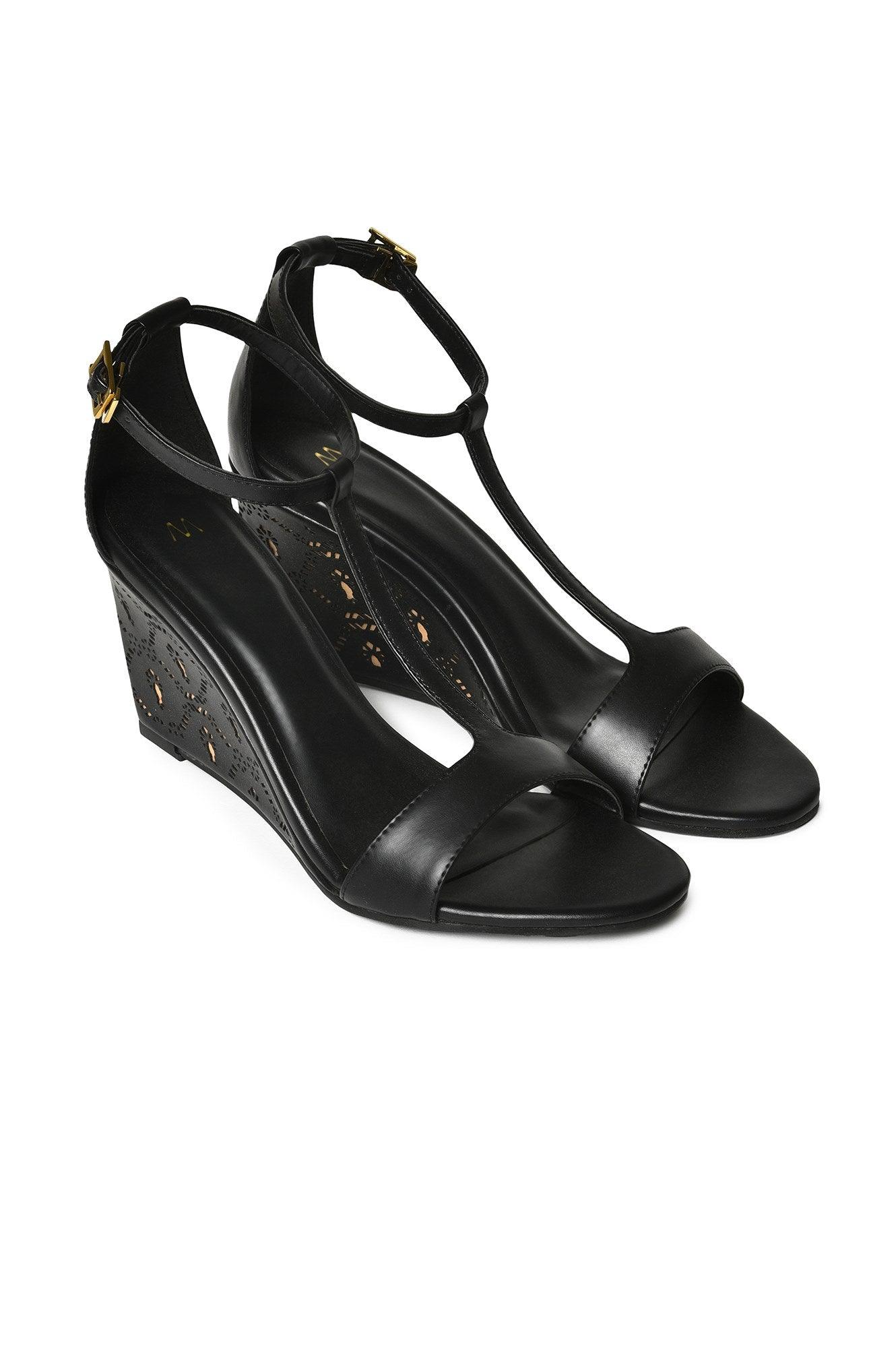 Black Almond Toe Laser Cut Wedge-Wgracie - wforwoman