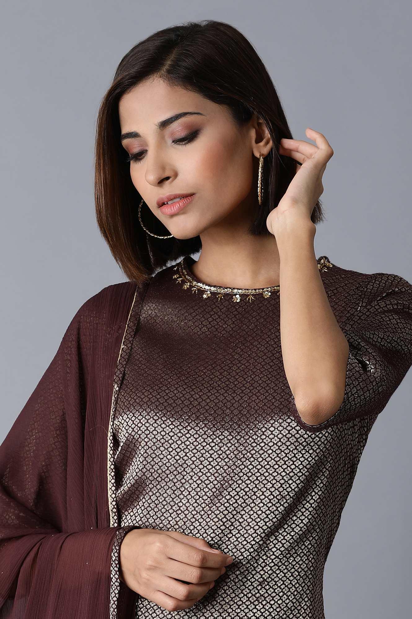 Dark Purple kurta-Sharara-Dupatta Set - wforwoman