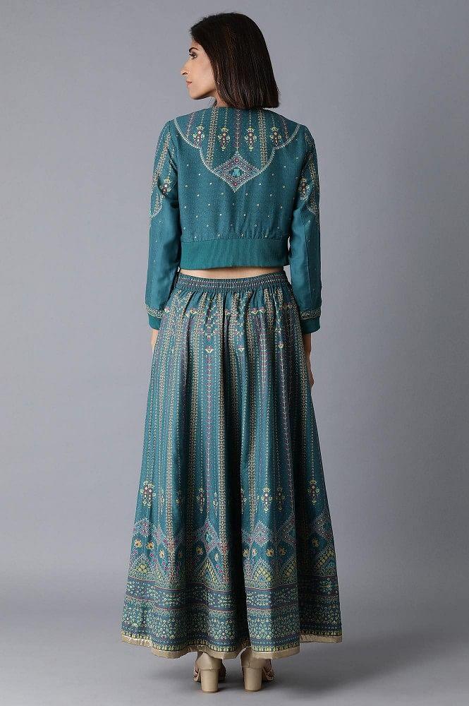 Green Bomber Jacket-Kalidar Skirt Set - wforwoman