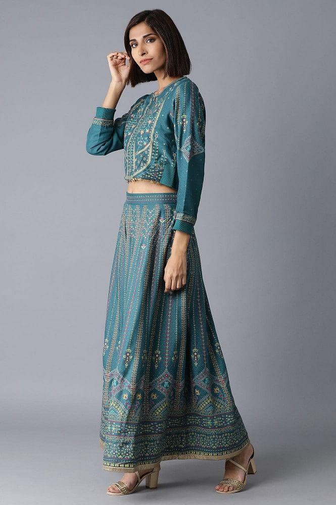 Green Bomber Jacket-Kalidar Skirt Set - wforwoman